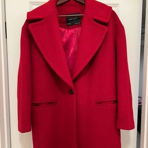 Zara Basic Long Red Peacoat, Size Large
